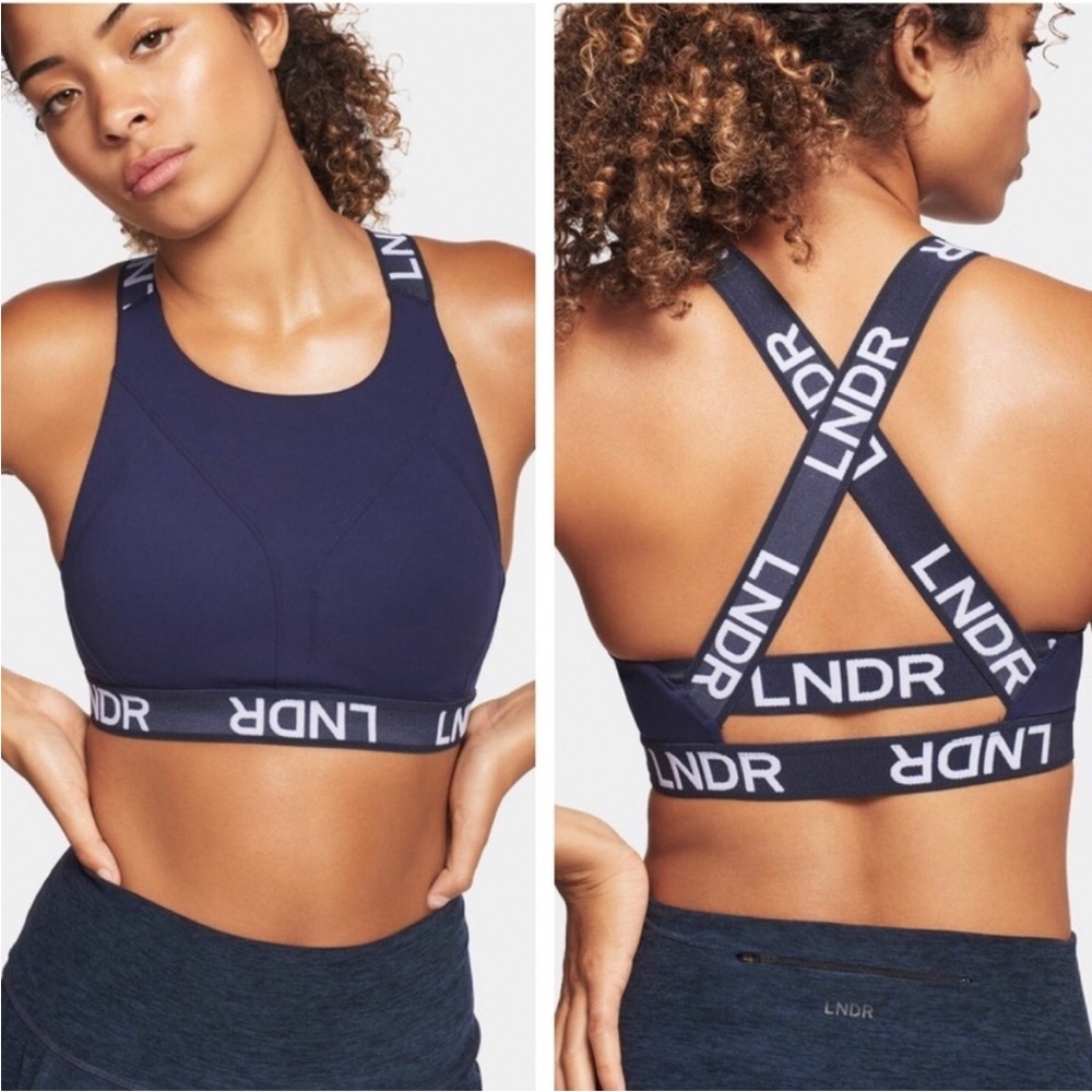 LNDR NWT HIIT NAVY BLUE SPORTS BRA STRAPPY CROSS BACK XS